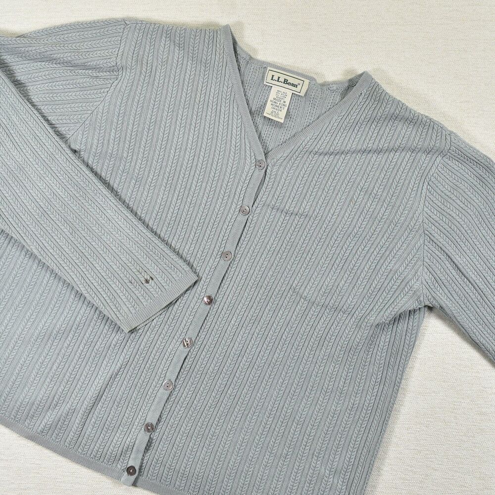 VTG LL Bean Womens Silk Blend Cardigan Sweater Light Blue Button Front Size L